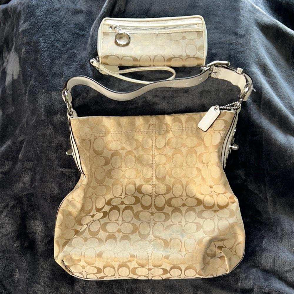 Coach Cream Shoulder Bag and Wristlet Set